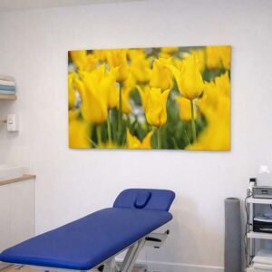 Das Wandbild Gelbe Tulpen im 3:2 Format sorgt als heller und vitalisierender Blickfang für eine freundliche Atmosphäre im Behandlungsraum einer Physiotherapie-Praxis.
