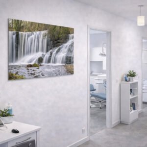Das Wandbild Geratser Wasserfall als beruhigendes Naturmotiv in einem hellen, freundlich gestalteten Flur einer Arztpraxis