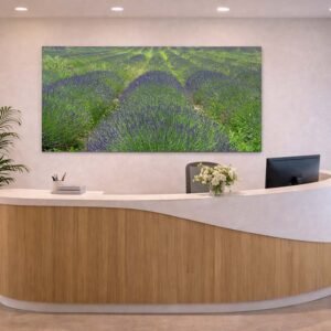 Das Wandbild Grünlila im Panorama-Format im Empfangsbereich einer Arztpraxis vermittelt Patienten einen lebendigen und zugleich beruhigenden ersten Eindruck.