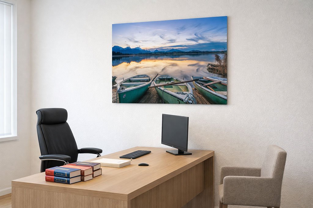 Exklusives Wandbild Abend am Hopfensee als repräsentative Dekoration in einem Besprechungsraum einer Kanzlei.