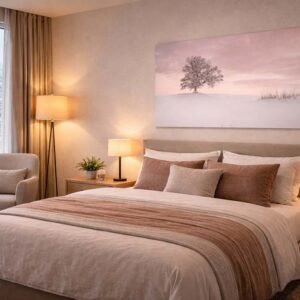 Winter Tree Das Wandbild „Winter Tree“ von Roland Seichter in einem stilvollen Hotelzimmer für eine beruhigende Gäste-Atmosphäre.