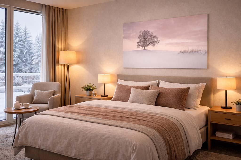 Das Wandbild „Winter Tree“ von Roland Seichter in einem stilvollen Hotelzimmer für eine beruhigende Gäste-Atmosphäre.