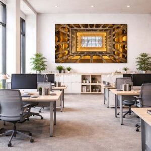 Das Wandbild Im Innenhof im 3:2 Format verleiht einem modernen Großraumbüro durch seine Symmetrie eine strukturierte und offene Atmosphäre.