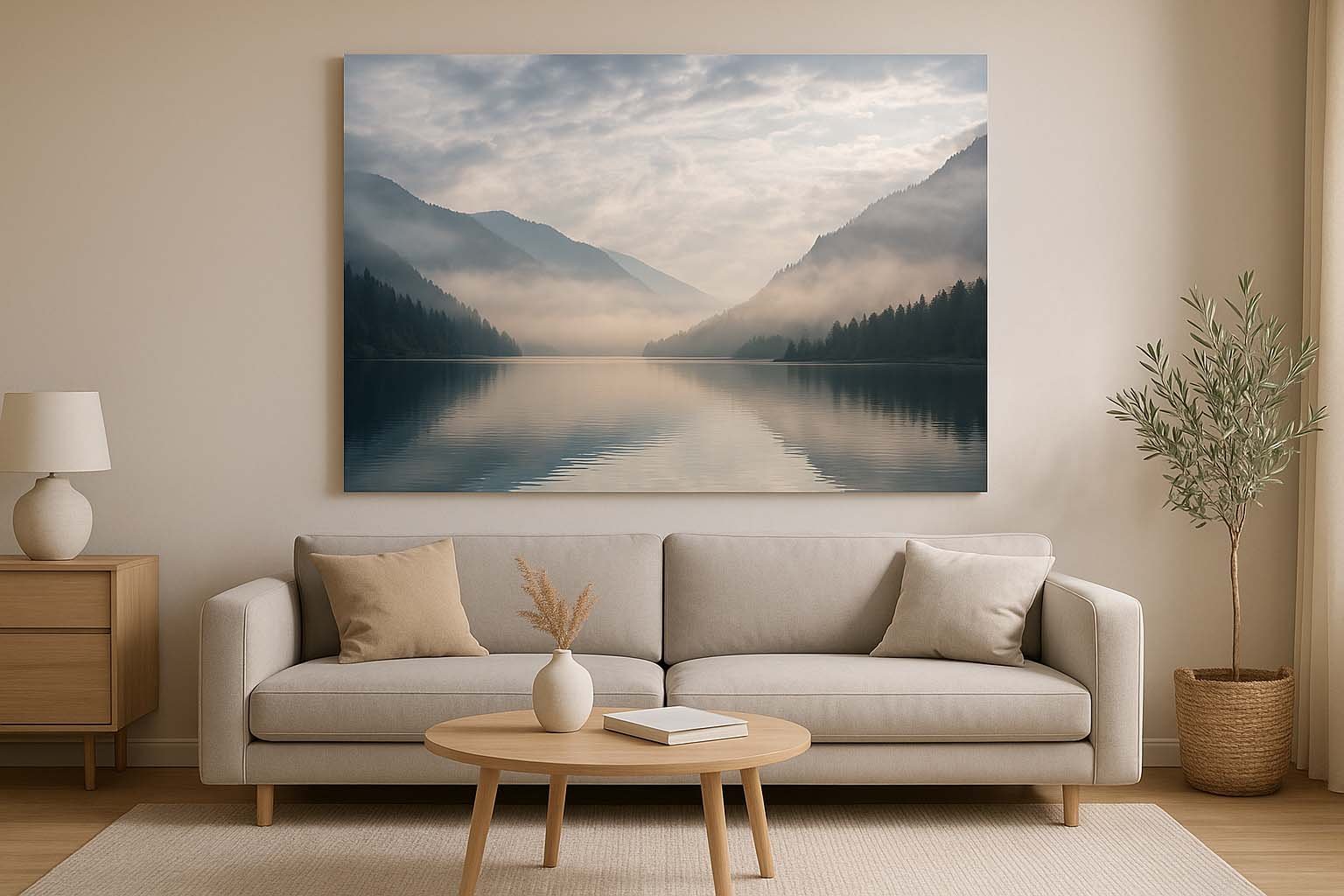 Das Wandbild Im Morgendunst im 3:2 Format als beruhigendes und atmosphärisches Landschaftsmotiv an einer Wohnzimmerwand.