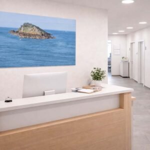 Das Wandbild Eine Insel im Meer als beruhigendes und weites Panorama-Motiv im Empfangsbereich einer modernen Arztpraxis