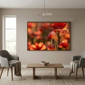 Das Wandbild Lichtmohn im 3:2 Format als stimmungsvoller und warmer Kunstakzent über dem Sofa in einem modern eingerichteten Wohnzimmer.