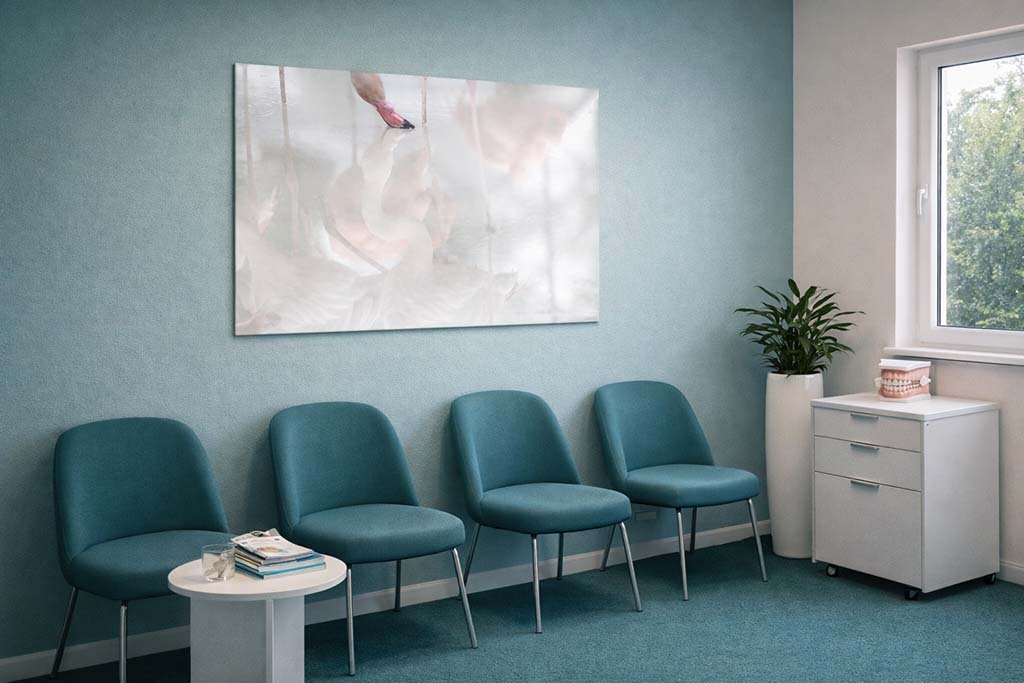 Das minimalistische Wandbild Mirror als beruhigende, helle Dekoration in einem modernen ärztlichen Wartezimmer