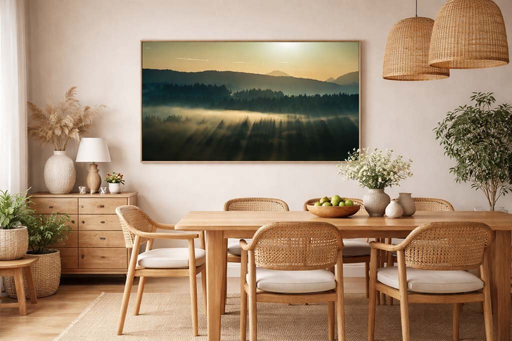 Das preisgekrönte Wandbild Misty Morning im 2:1 Panorama-Format als atmosphärischer und lichtvoller Blickfang an der Wand eines modern eingerichteten Esszimmers.