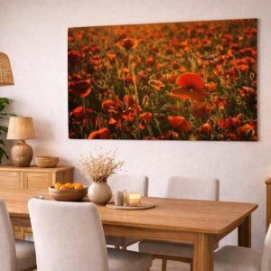 Das Wandbild Mohnfeld in der Dämmerung im 16:9 Panorama-Format schafft als warmer Blickfang eine gemütliche Atmosphäre im Esszimmer.