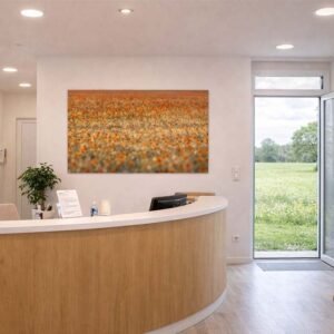 Das Wandbild Mohnfeld im 16:9 Panorama-Format als freundlicher und einladender Empfangsakzent in einer hellen Arztpraxis.