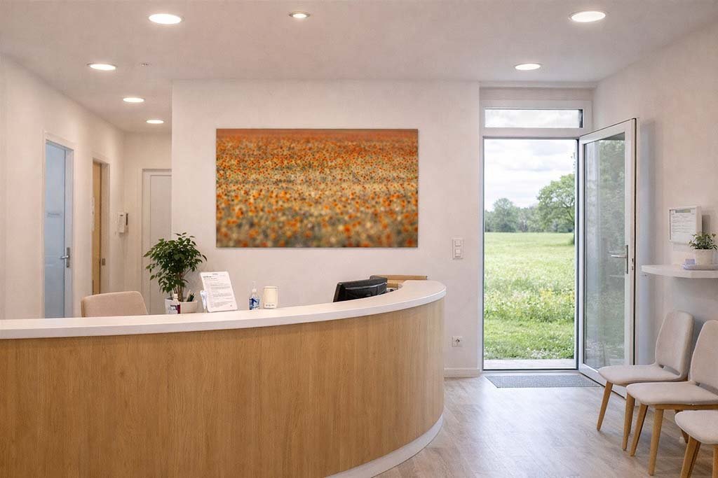 Das Wandbild Mohnfeld im 16:9 Panorama-Format als freundlicher und einladender Empfangsakzent in einer hellen Arztpraxis.
