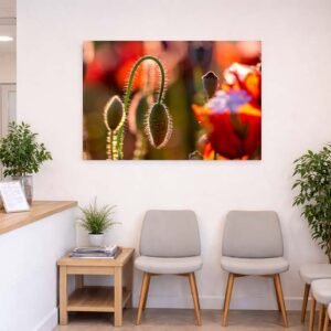 Das Wandbild Mohnflaum im 3:2 Format als detailreicher und beruhigender Natur-Blickfang im Empfangsbereich einer modernen Arztpraxis.