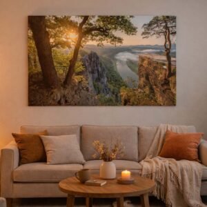 Das Wandbild Morning Sun im 16:9 Panorama-Format als majestätischer und warmer Blickfang über einer Couch im Wohnzimmer.