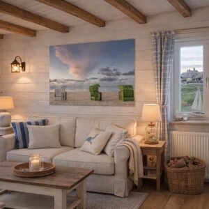 Das Wandbild Nordsee am Abend im 3:2 Format als stimmungsvolles und entspannendes Dekorationselement über einer Couch im Wohnzimmer.
