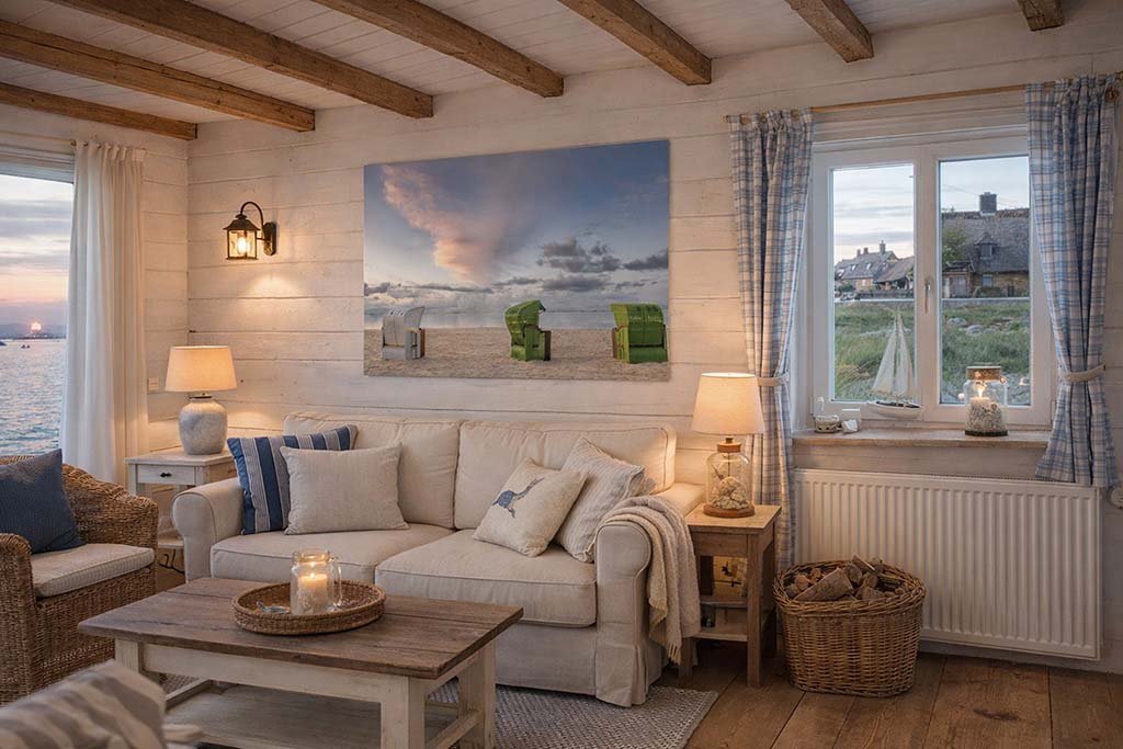 Das Wandbild Nordsee am Abend im 3:2 Format als stimmungsvolles und entspannendes Dekorationselement über einer Couch im Wohnzimmer.