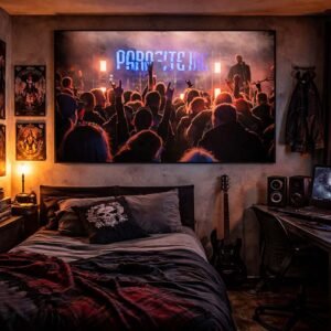 Das Wandbild Parasite Inc im 3:2 Format setzt im Zimmer eines Metalfans einen kraftvollen und authentischen Akzent über der Musikanlage.
