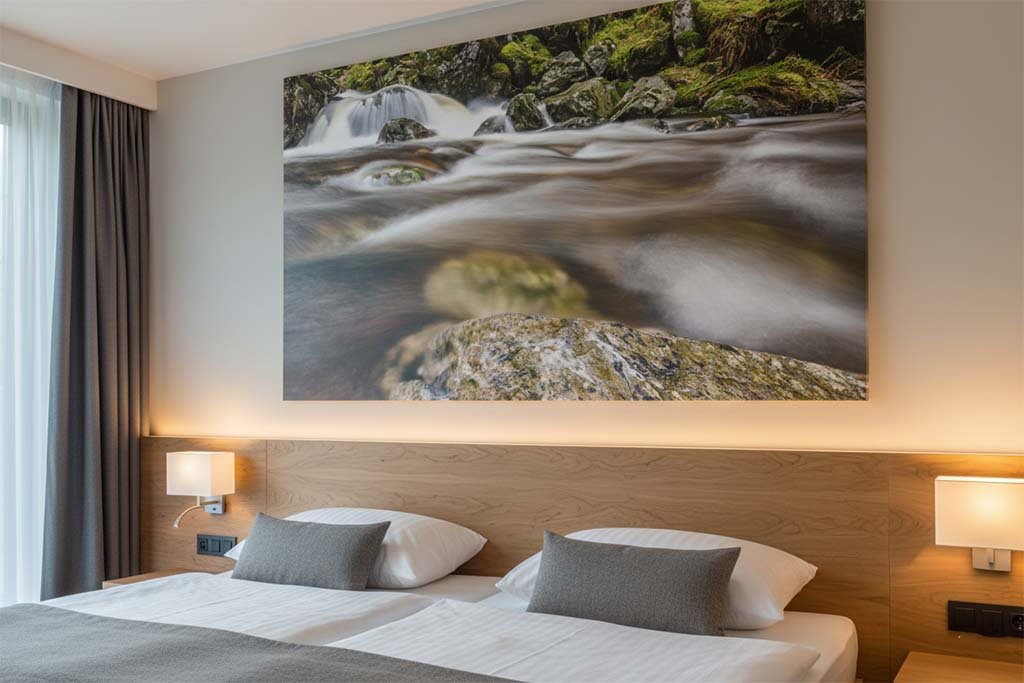 Das Wandbild Riesloch Wasserfall als natürlicher und beruhigender Akzent in einem stilvoll eingerichteten Hotelzimmer