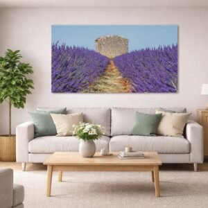 Ruine im Feld Das Wandbild Ruine im Feld im Panorama-Format über einer Couch schafft eine zeitlose und charakterstarke Atmosphäre im Wohnzimmer.