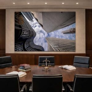 Das Wandbild Schau nach oben in Frankfurt im 3:2 Format verleiht einer Anwaltskanzlei durch seine starke vertikale Linienführung eine souveräne und moderne Atmosphäre.