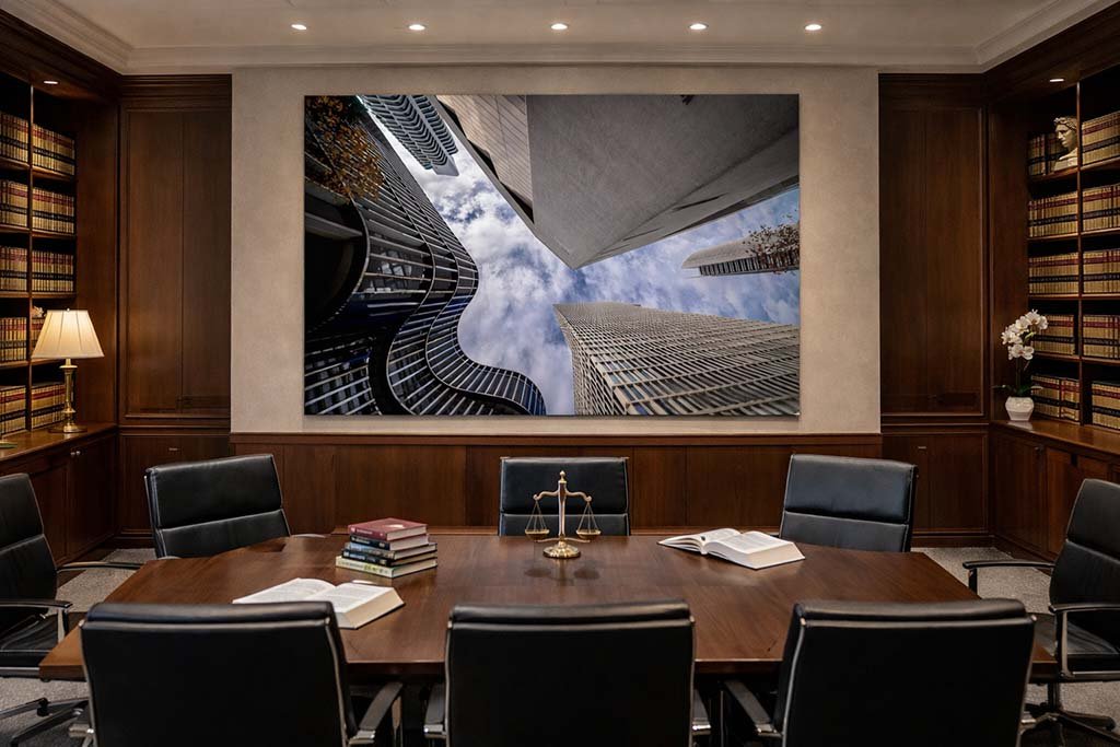 Das Wandbild Schau nach oben in Frankfurt im 3:2 Format verleiht einer Anwaltskanzlei durch seine starke vertikale Linienführung eine souveräne und moderne Atmosphäre.
