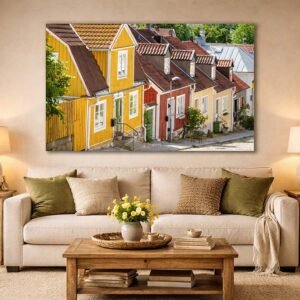 Das Wandbild Schwedisches Idyll im 3:2 Format setzt im Wohnzimmer einen farbenfrohen und freundlichen Akzent im skandinavischen Stil.