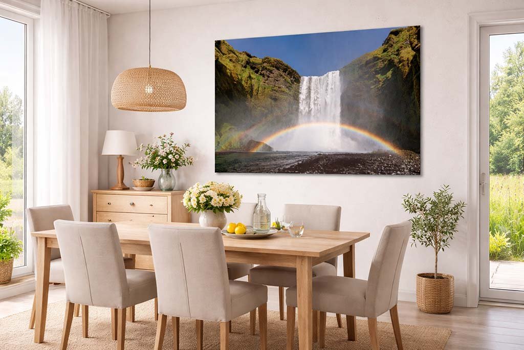Das Wandbild Skogafoss als kraftvoller und farbenfroher Mittelpunkt in einem hellen, modern eingerichteten Esszimmer