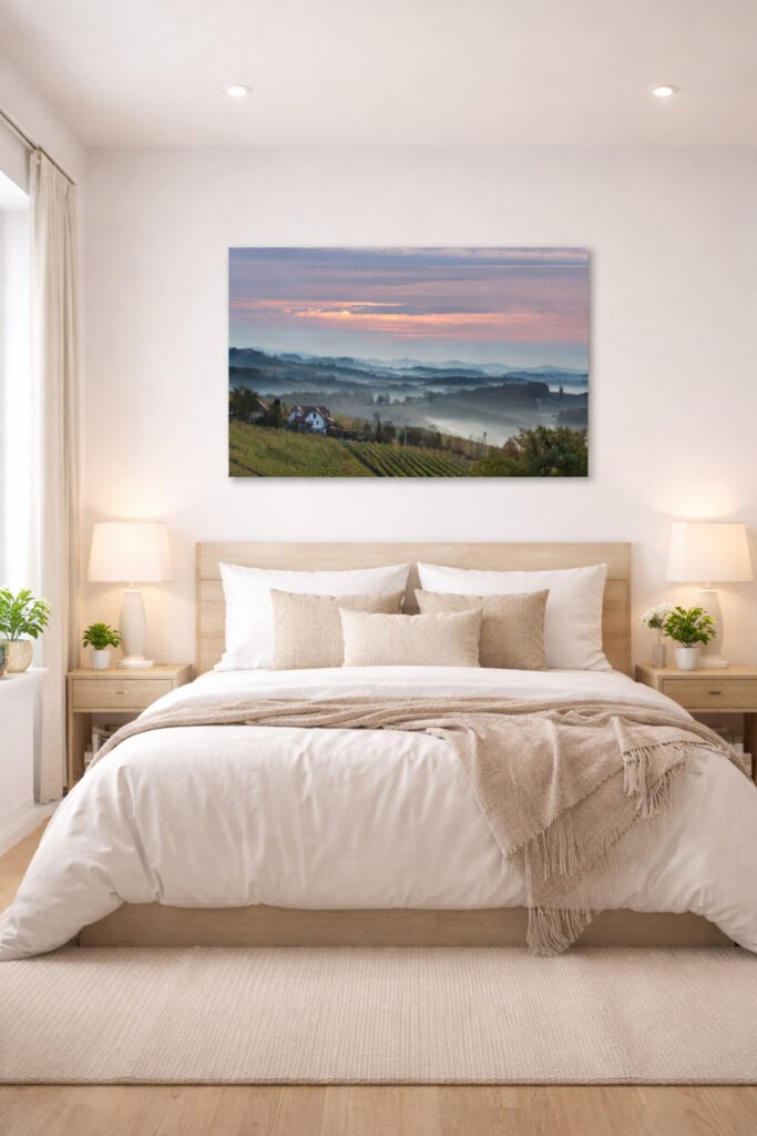 Das Wandbild Sonnenaufgang in der Steiermark als beruhigendes 2:1 Panorama über dem Bett in einem gemütlich gestalteten Schlafzimmer.