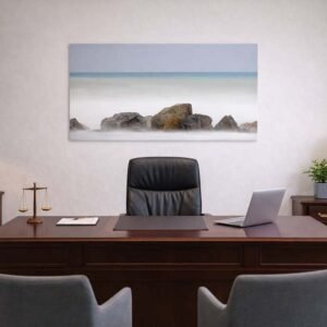 Das minimalistische Panorama-Wandbild Stonewater als repräsentative Dekoration in einer modernen Anwaltskanzlei