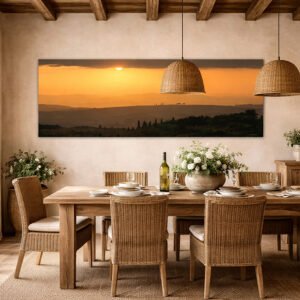 Das Panorama-Wandbild Sunset im Format 3:1 in einem modern eingerichteten Esszimmer für eine warme und einladende Atmosphäre.