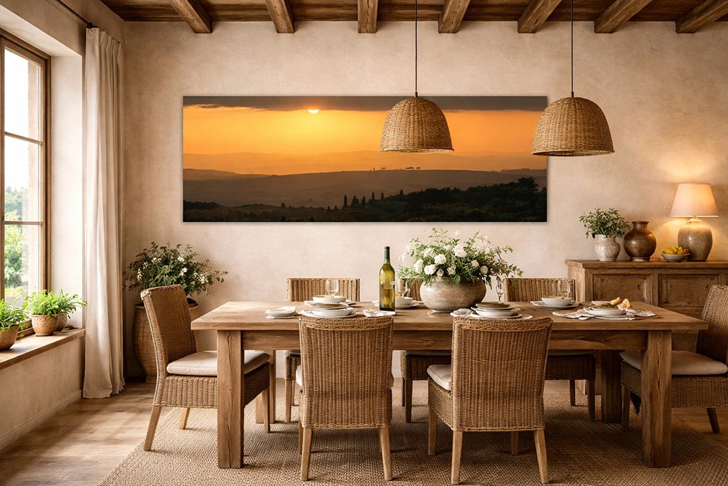 Das Panorama-Wandbild Sunset im Format 3:1 in einem modern eingerichteten Esszimmer für eine warme und einladende Atmosphäre.