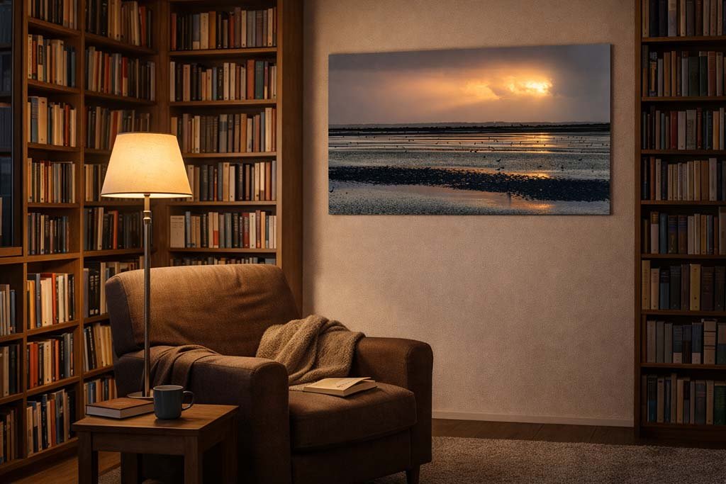 Das Wandbild Sylt Sunset als atmosphärischer Blickfang in einem gemütlich eingerichteten Lesezimmer mit warmer Lichtstimmung