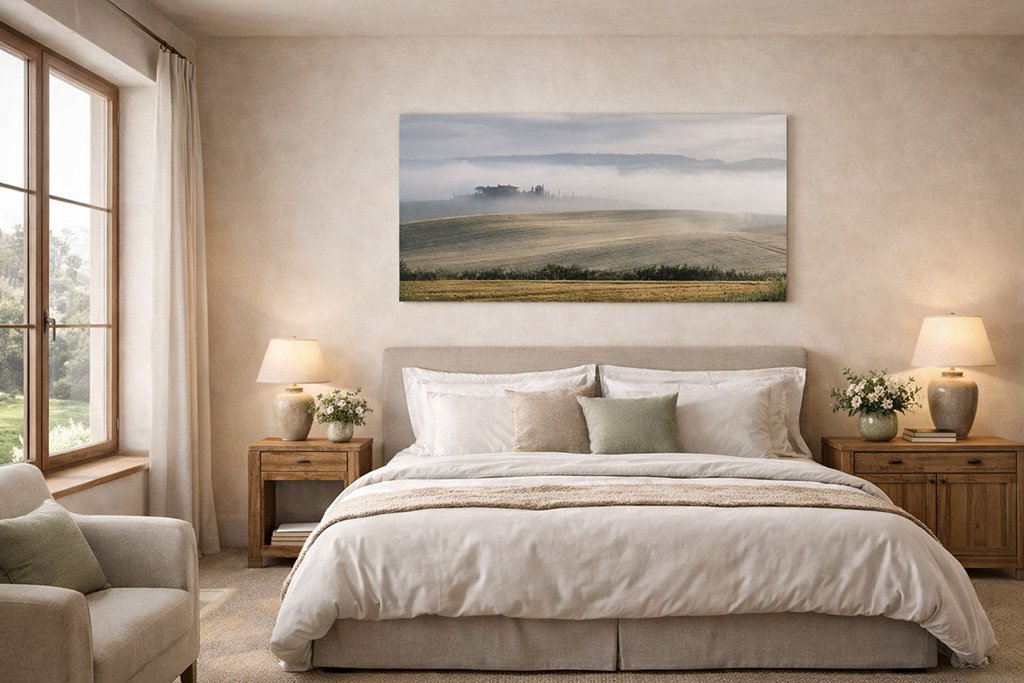 Das Wandbild Toskanische Felder zeigt goldene Hügel und Nebel bei Pienza im Format 2:1.