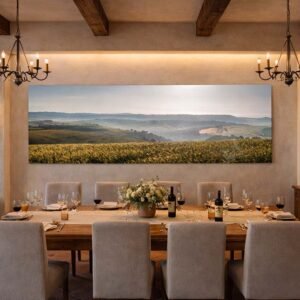 Das Wandbild Toskanische Landschaft als extremes 3:1 Panorama in einem lichtdurchfluteten, modernen Esszimmer