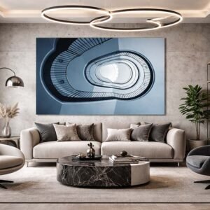 Das Wandbild Treppenhausgeometrie im 3:2 Format verleiht einem modernen Wohnzimmer durch seine organischen Formen eine beruhigende und stilvolle Tiefe.