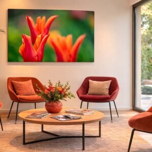 Das Wandbild Tulpenmakro im 3:2 Format als freundlicher und beruhigender Farbakzent an der Wand in einem hell gestalteten Wartezimmer.