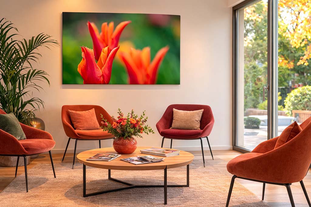 Das Wandbild Tulpenmakro im 3:2 Format als freundlicher und beruhigender Farbakzent an der Wand in einem hell gestalteten Wartezimmer.