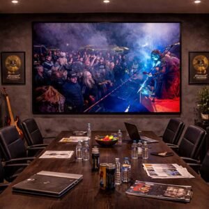 Das Wandbild Tungsten Crowd im 3:2 Format verleiht dem Besprechungsraum eines Plattenlabels eine authentische, energiegeladene Musik-Atmosphäre.