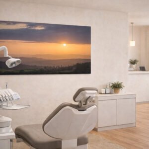 Das Panorama-Wandbild Tuscan Sunset im Format 2:1 in einem zahnärztlichen Behandlungszimmer für eine angstfreie und ruhige Atmosphäre.