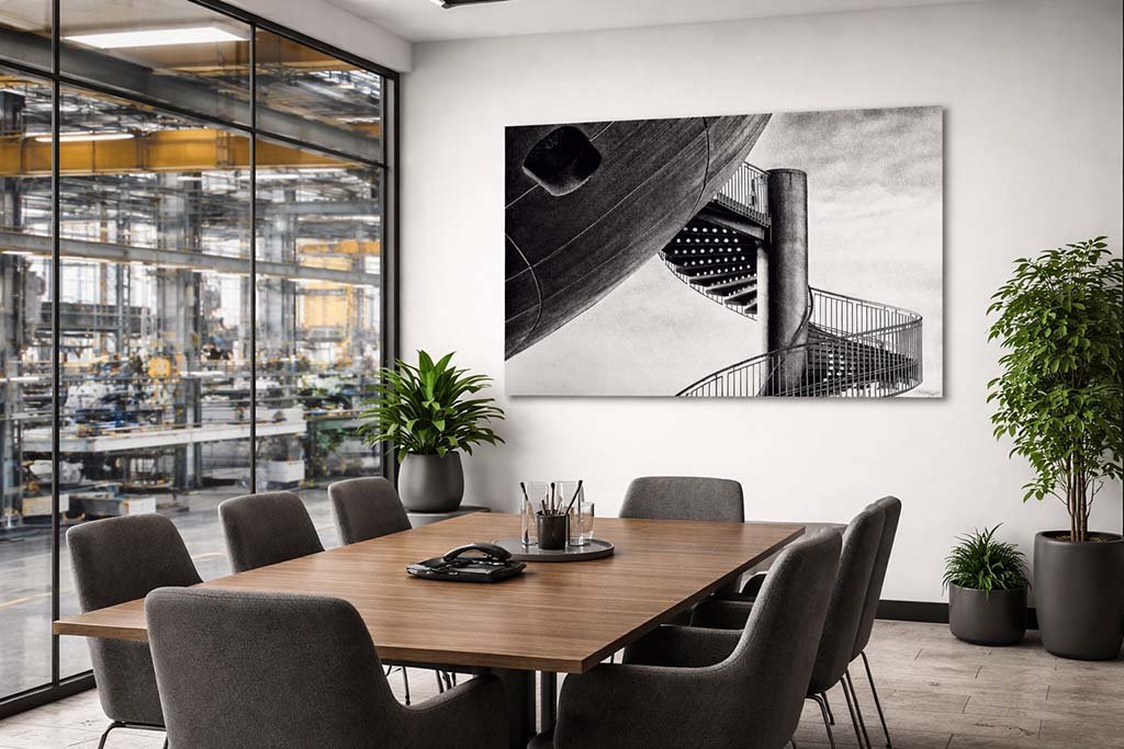 Das Wandbild Ufo im 3:2 Format verleiht einem Besprechungsraum durch seine starken Kontraste und futuristischen Formen eine inspirierende und innovative Atmosphäre.