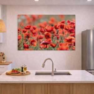 Das Wandbild Viel Mohn im 3:2 Format als lebendiger und warmer Farbakzent an der Wand einer hellen, modern gestalteten Küche.