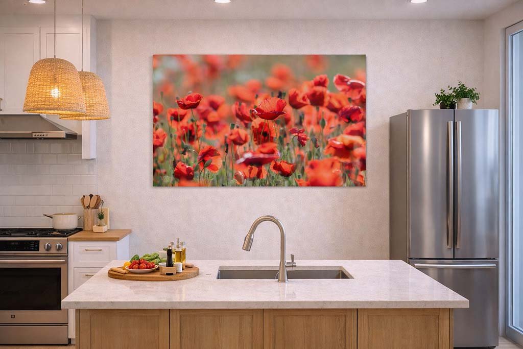 Das Wandbild Viel Mohn im 3:2 Format als lebendiger und warmer Farbakzent an der Wand einer hellen, modern gestalteten Küche.