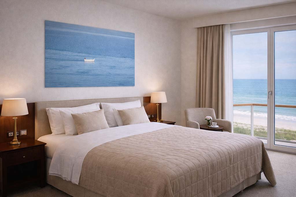 Das Wandbild Weißes Boot als entspannendes Kunstwerk über dem Bett in einem modernen Hotelzimmer