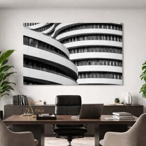 Das Wandbild Wellenbalkone im 3:2 Format verleiht einer Anwaltskanzlei durch seine klaren Kontraste und fließenden Formen eine moderne und strukturierte Eleganz.