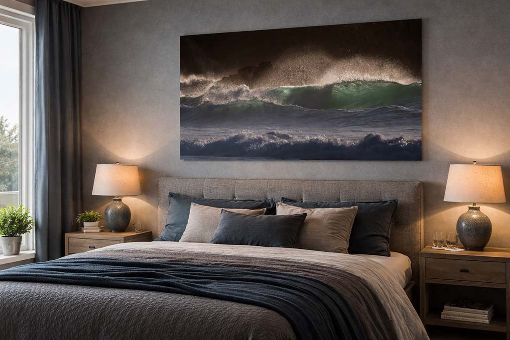 Das Panorama-Wandbild Wellenturbulenz im Format 2:1 über einem Bett im Schlafzimmer für eine beruhigende Atmosphäre.