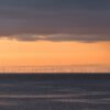 Wandbild "Windkraft": Zahlreiche Windräder am Horizont über dem Meer bei Sonnenaufgang.