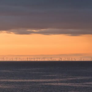 Wandbild "Windkraft": Zahlreiche Windräder am Horizont über dem Meer bei Sonnenaufgang.