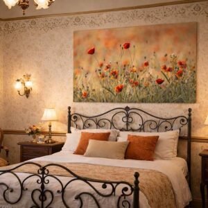 Zarter Mohn Das Wandbild Zarter Mohn im Panorama-Format als beruhigender, horizontaler Blickfang über dem Bett in einem modern gestalteten Schlafzimmer.