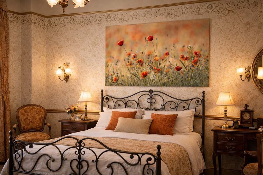 Das Wandbild Zarter Mohn im Panorama-Format als beruhigender, horizontaler Blickfang über dem Bett in einem modern gestalteten Schlafzimmer.