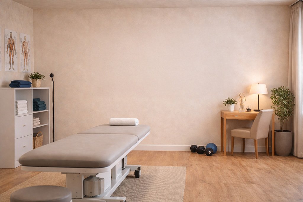 Ein steriler Behandlungsraum in einer Arztpraxis mit leerer Wand vor der Gestaltung mit Fotokunst.