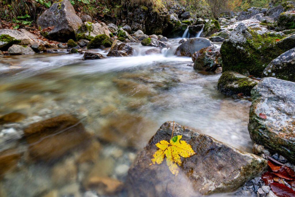 Landschaftsfotografie eines Wasserfalls im Gumpen mit herbstlichem Blatt im Vordergrund.